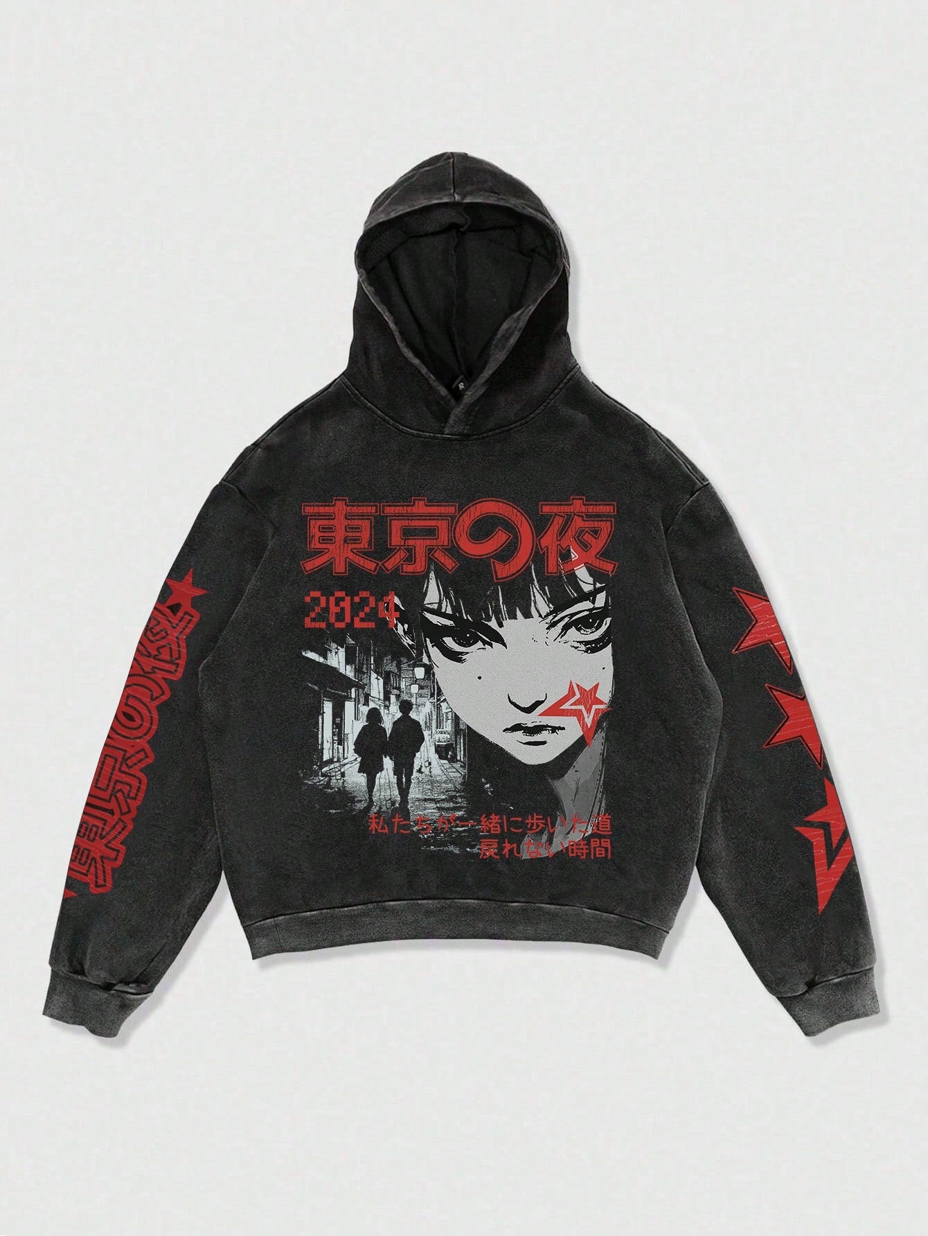 ROMWE Street Life Men's Gothic Anime Cartoon Character Printed Washed Distressed Hoodie