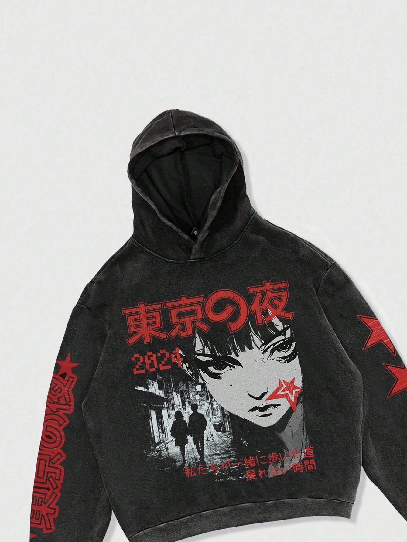 ROMWE Street Life Men's Gothic Anime Cartoon Character Printed Washed Distressed Hoodie