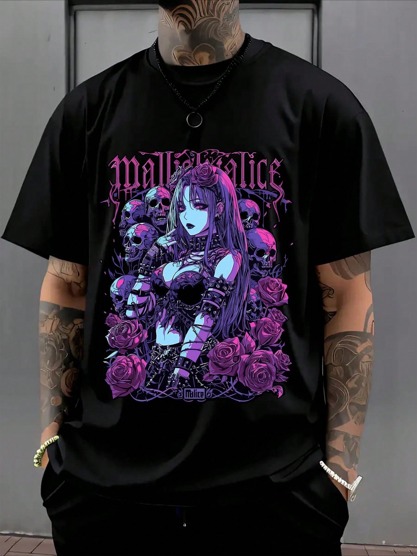 Anime Sexy Beauty Rose Skull Print Top, Men's Comfortable Short Sleeved Round Neck T-Shirt, Summer Outdoor Clothing, Versatile For Daily Casual Wear
